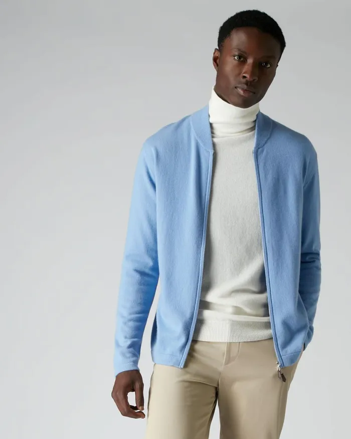 NPeal Half and Full Zip Knitwear Men Zip Through Cashmere Bomber Jacket In Light Blue