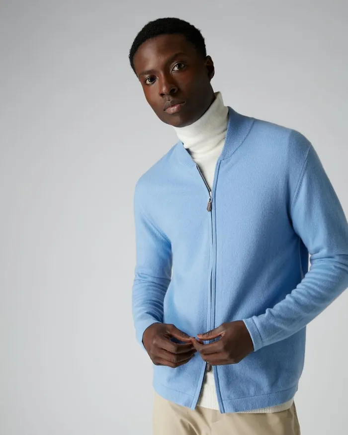 NPeal Half and Full Zip Knitwear Men Zip Through Cashmere Bomber Jacket In Light Blue