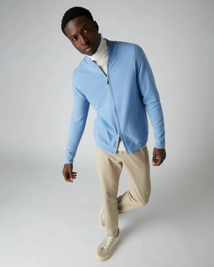 NPeal Half and Full Zip Knitwear Men Zip Through Cashmere Bomber Jacket In Light Blue