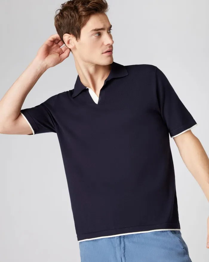 NPeal Polos and TShirts Men Contrast Cotton Cashmere Polo T Shirt In Navy Blue NPeal Polos and TShirts Men Contrast Cotton Cashmere Polo T Shirt In Navy Blue