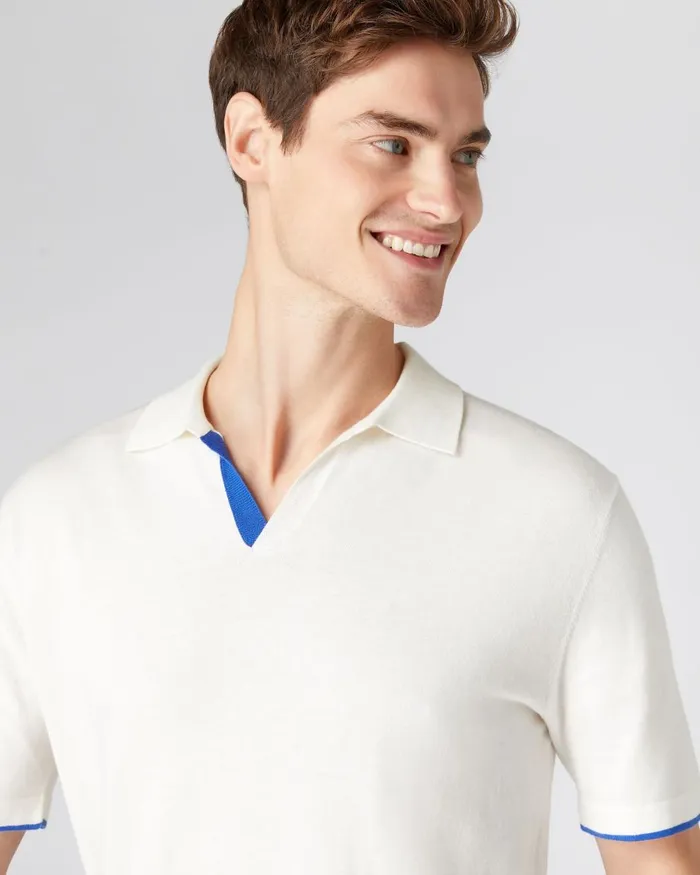 NPeal Polos and TShirts Men Contrast Cotton Cashmere Polo T Shirt In New Ivory White