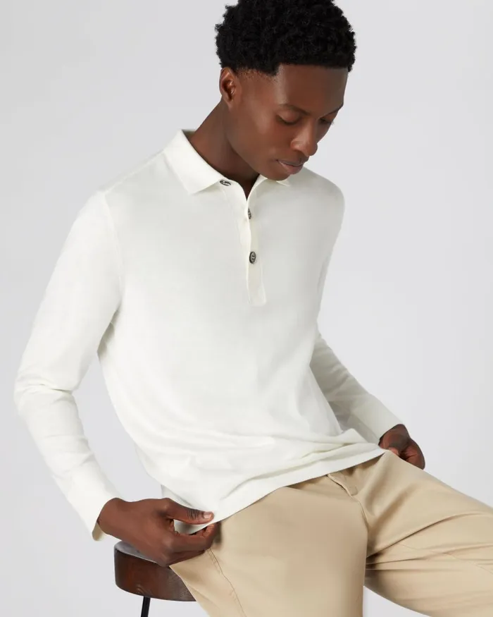 NPeal Polos and TShirts Men Long Sleeve Cotton Cashmere Polo Shirt In New Ivory White NPeal Polos and TShirts Men Long Sleeve Cotton Cashmere Polo Shirt In New Ivory White