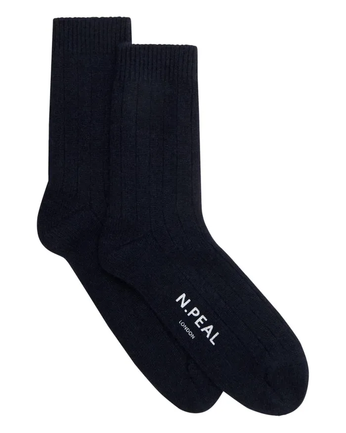 NPeal Socks Men Rib Cashmere House Socks In Navy Blue