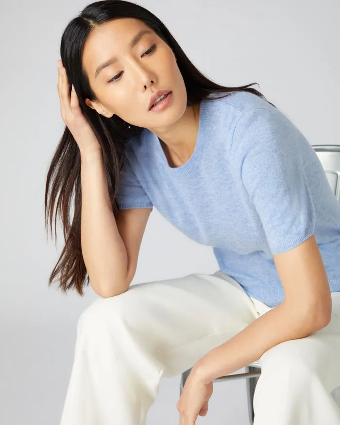 NPeal Tops and TShirts Women Round Neck Cashmere T Shirt In Cornflower Blue
