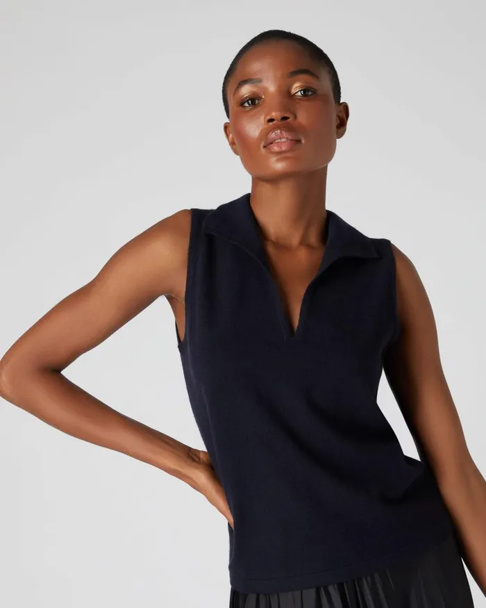 NPeal Tops and TShirts Women Sleeveless Cashmere Polo Jumper In Navy Blue