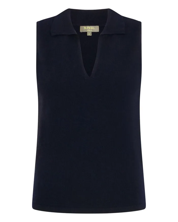 NPeal Tops and TShirts Women Sleeveless Cashmere Polo Jumper In Navy Blue