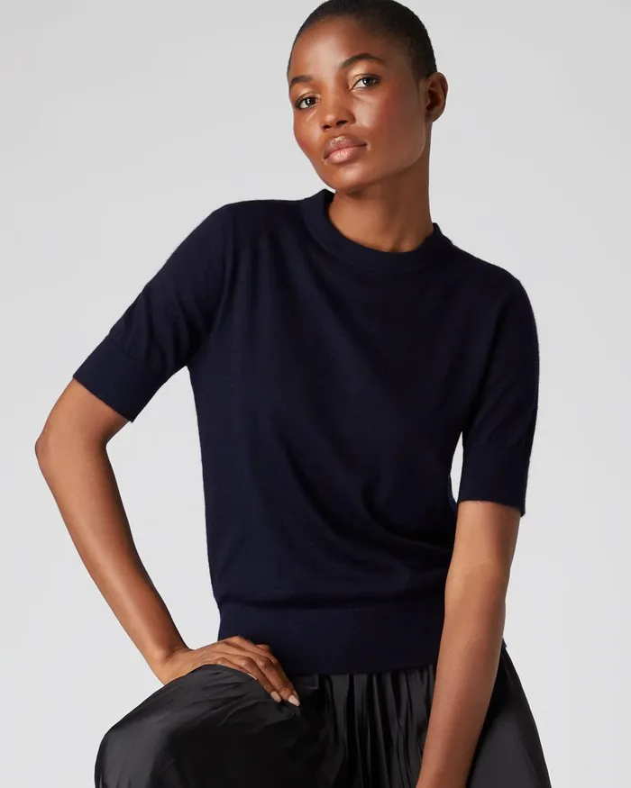 NPeal Tops and TShirts Women Superfine Round Neck Cashmere T Shirt In Navy Blue