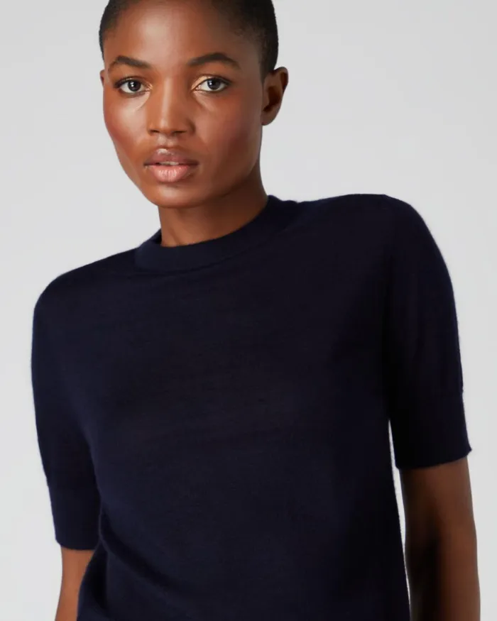NPeal Tops and TShirts Women Superfine Round Neck Cashmere T Shirt In Navy Blue