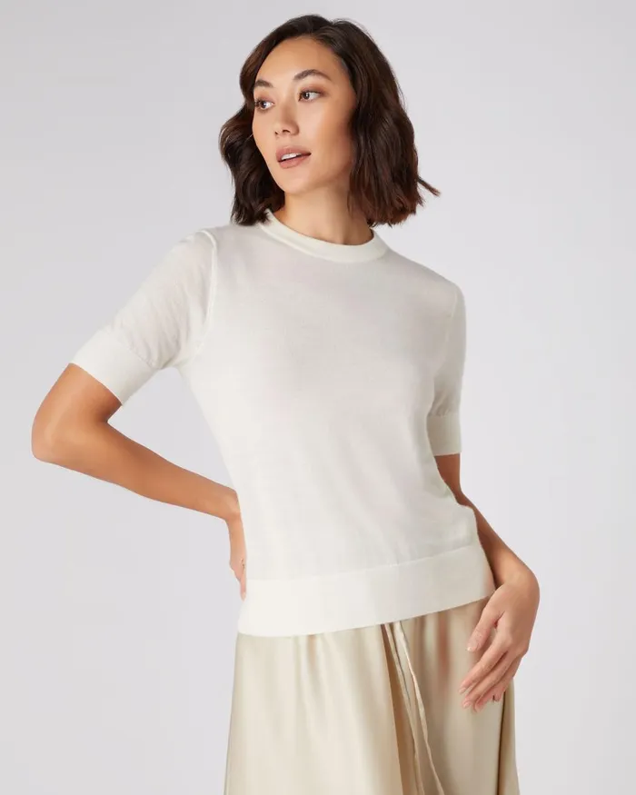 NPeal Tops and TShirts Women Superfine Round Neck Cashmere T Shirt In New Ivory White