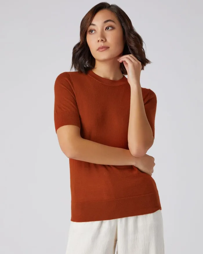 NPeal Tops and TShirts Women Superfine Round Neck Cashmere T Shirt In Tawny Orange NPeal Tops and TShirts Women Superfine Round Neck Cashmere T Shirt In Tawny Orange