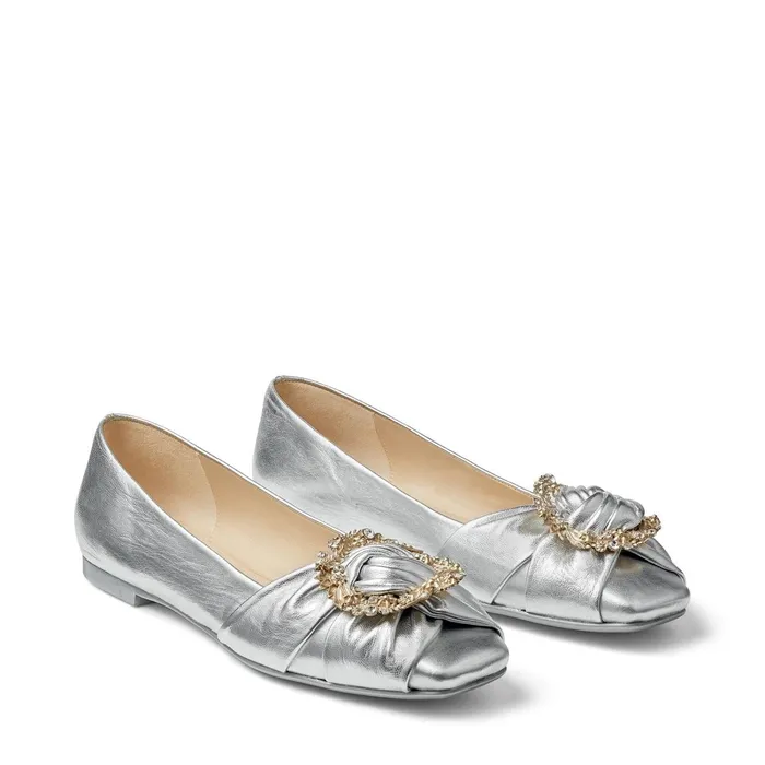 Nele Flat Silver Metallic Nappa Flat Pumps With Crystal Buckle Silver Women JIMMY CHOO Flats