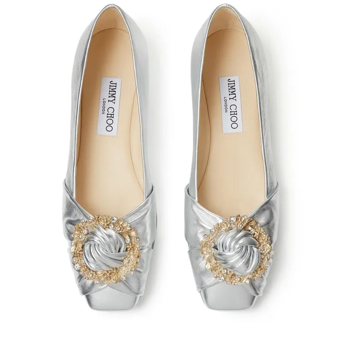 Nele Flat Silver Metallic Nappa Flat Pumps With Crystal Buckle Silver Women JIMMY CHOO Flats