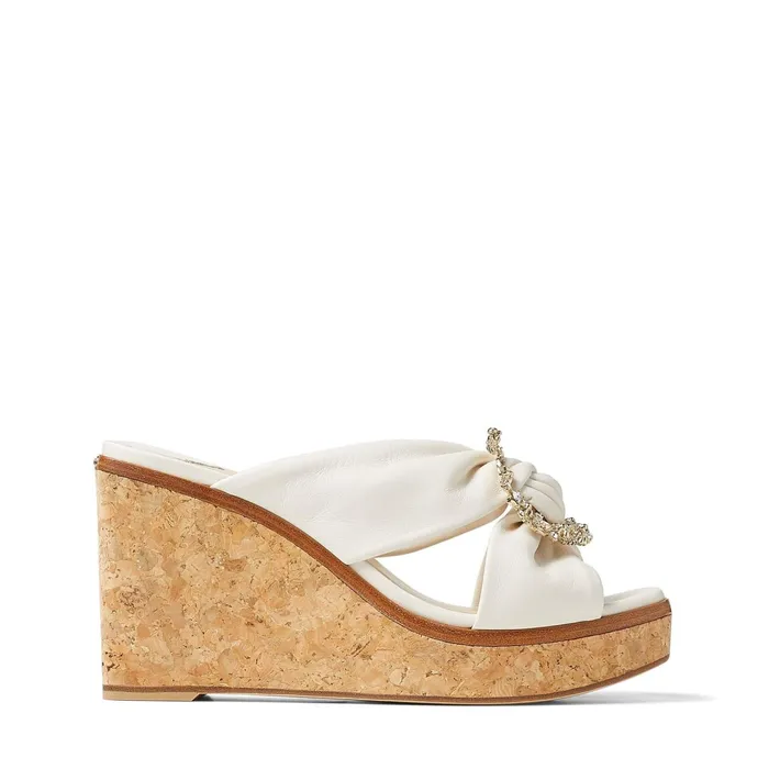 Nevara 90 Latte Nappa Leather Wedge Sandals With Crystal Buckle Latte Women JIMMY CHOO Sandals