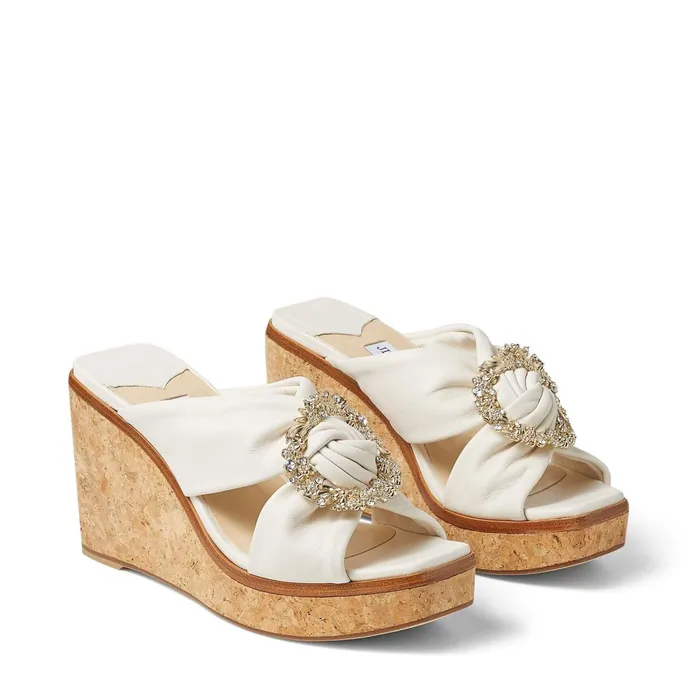 Nevara 90 Latte Nappa Leather Wedge Sandals With Crystal Buckle Latte Women JIMMY CHOO Sandals