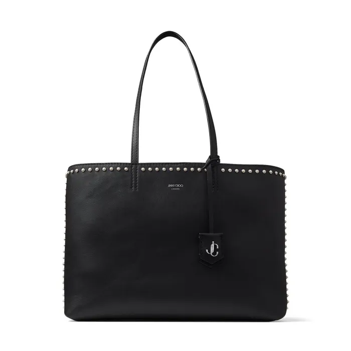 Nine2Five EW Black Calf Leather Tote Handbag With Jc Emblem And Pearl Stud Detailing Black Women JIMMY CHOO Totes and Hobo Bags Nine2Five EW Black Calf Leather Tote Handbag With Jc Emblem And Pearl Stud Detailing Black Women JIMMY CHOO Totes and Hobo Bags