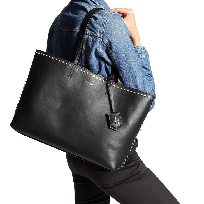 Nine2Five EW Black Calf Leather Tote Handbag With Jc Emblem And Pearl Stud Detailing Black Women JIMMY CHOO Totes and Hobo Bags
