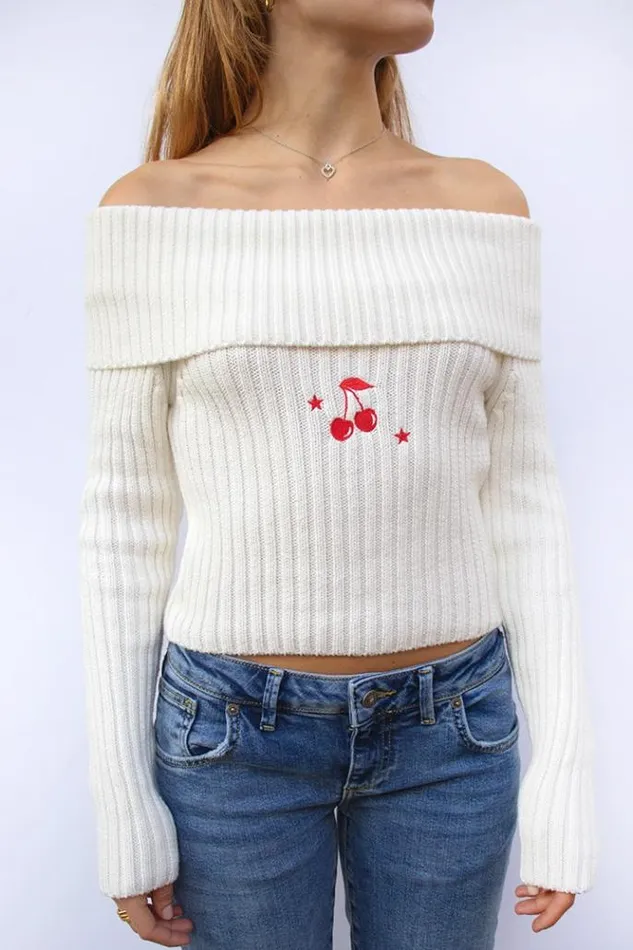 OffShoulders Cherry Sweater Women Subdued Sweaters