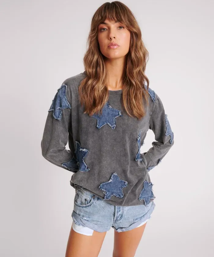One Teaspoon Basic Tees Women Denim Star Boyfriend Longsleeve Tee