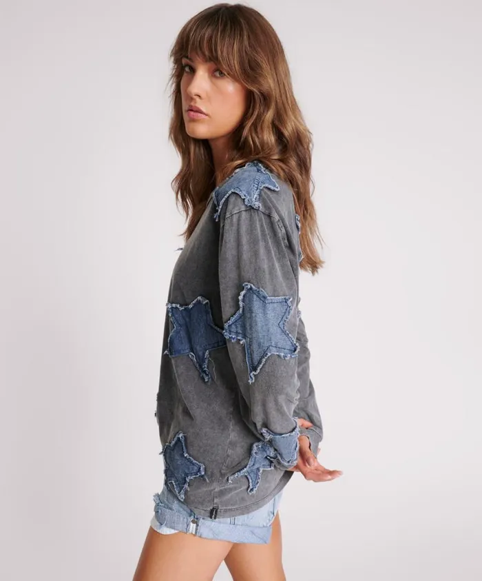 One Teaspoon Basic Tees Women Denim Star Boyfriend Longsleeve Tee