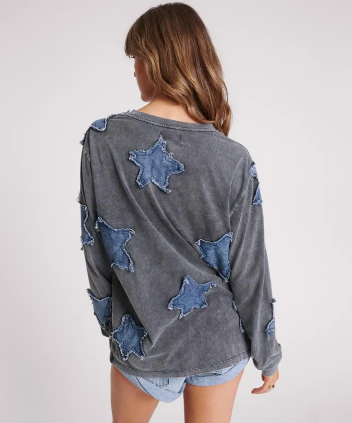 One Teaspoon Basic Tees Women Denim Star Boyfriend Longsleeve Tee