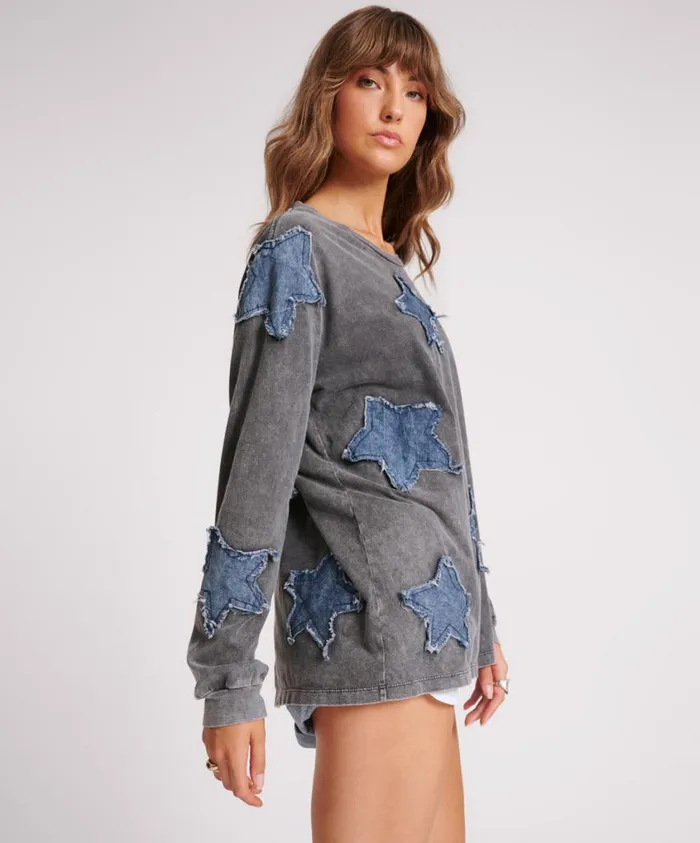 One Teaspoon Basic Tees Women Denim Star Boyfriend Longsleeve Tee