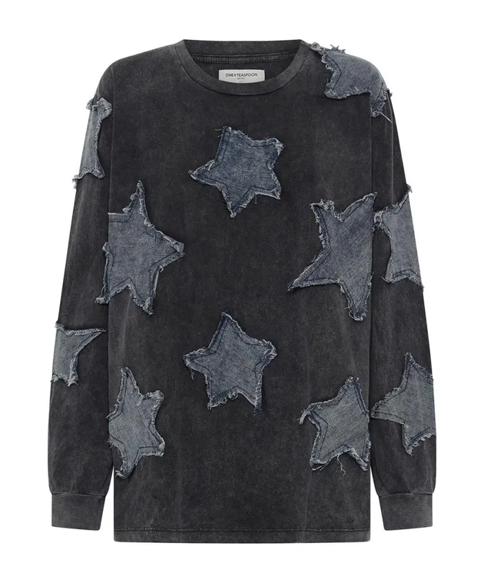 One Teaspoon Basic Tees Women Denim Star Boyfriend Longsleeve Tee
