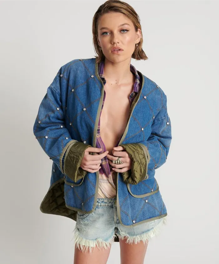One Teaspoon Denim Jackets Women Bay Blue Quilted Crystal Studded Jacket