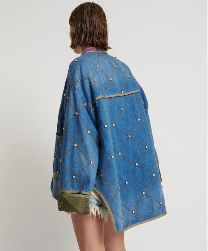One Teaspoon Denim Jackets Women Bay Blue Quilted Crystal Studded Jacket
