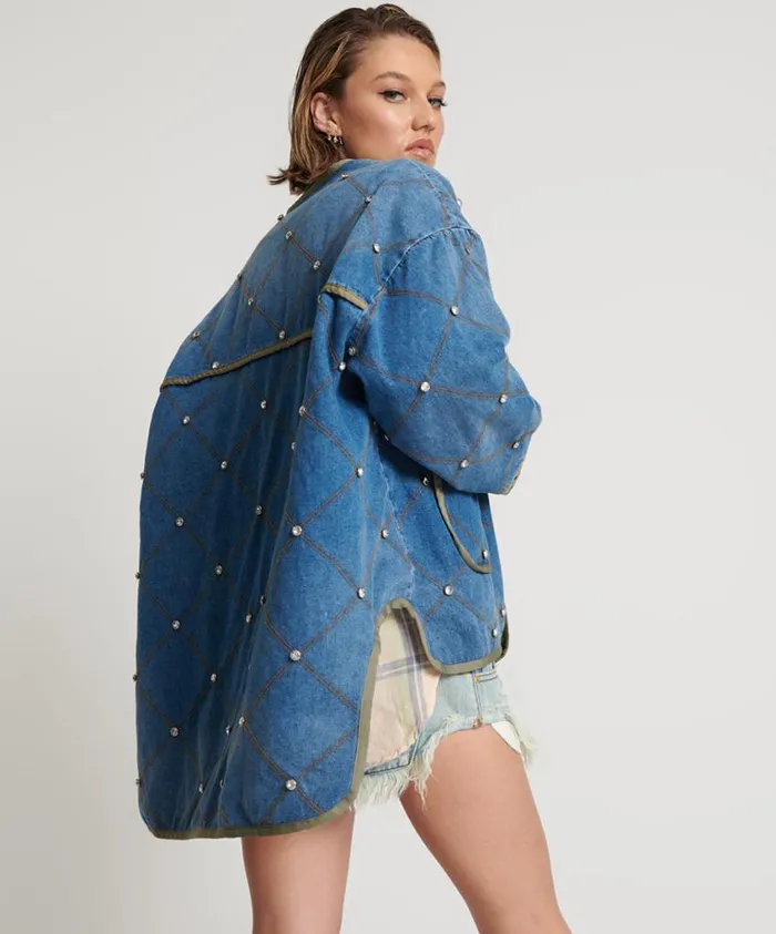 One Teaspoon Denim Jackets Women Bay Blue Quilted Crystal Studded Jacket