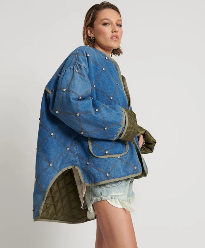One Teaspoon Denim Jackets Women Bay Blue Quilted Crystal Studded Jacket