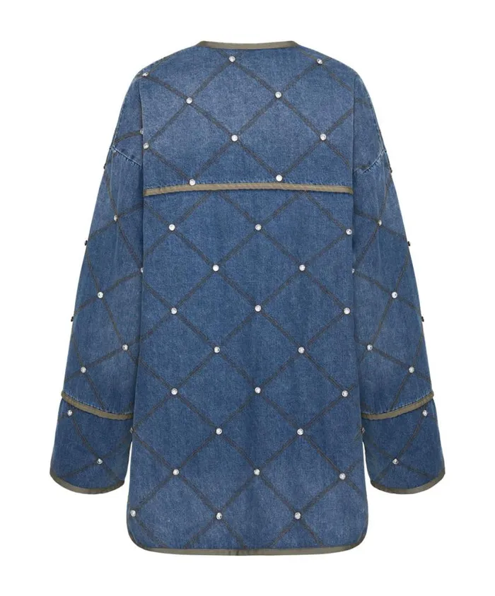 One Teaspoon Denim Jackets Women Bay Blue Quilted Crystal Studded Jacket