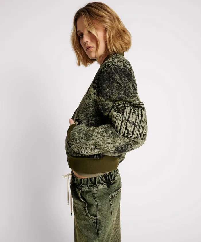 One Teaspoon Denim Jackets Women Black Khaki Denim Bomber Jacket