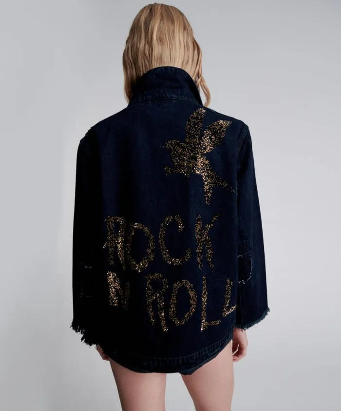 One Teaspoon Denim Jackets Women Crystal Rock N Roll Recycled Denim Jacket