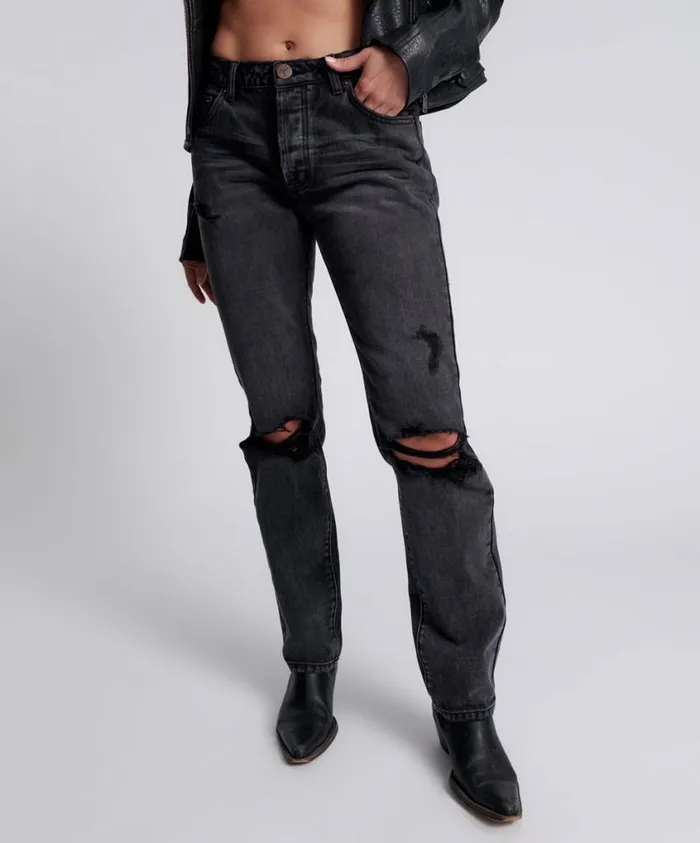 One Teaspoon Denim Jeans Women Black Messed Up Truckers Straight Leg Jeans