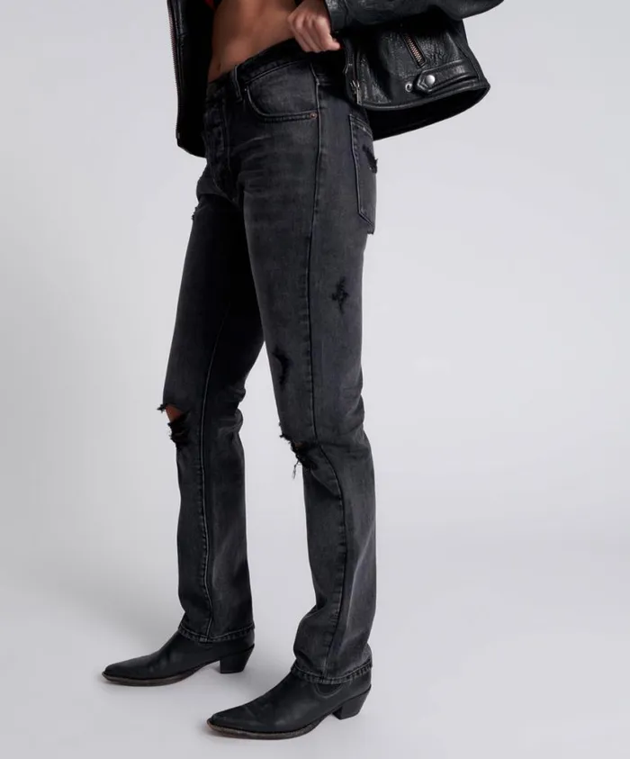 One Teaspoon Denim Jeans Women Black Messed Up Truckers Straight Leg Jeans