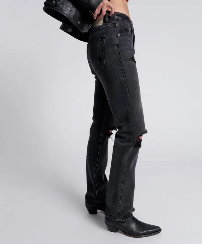 One Teaspoon Denim Jeans Women Black Messed Up Truckers Straight Leg Jeans
