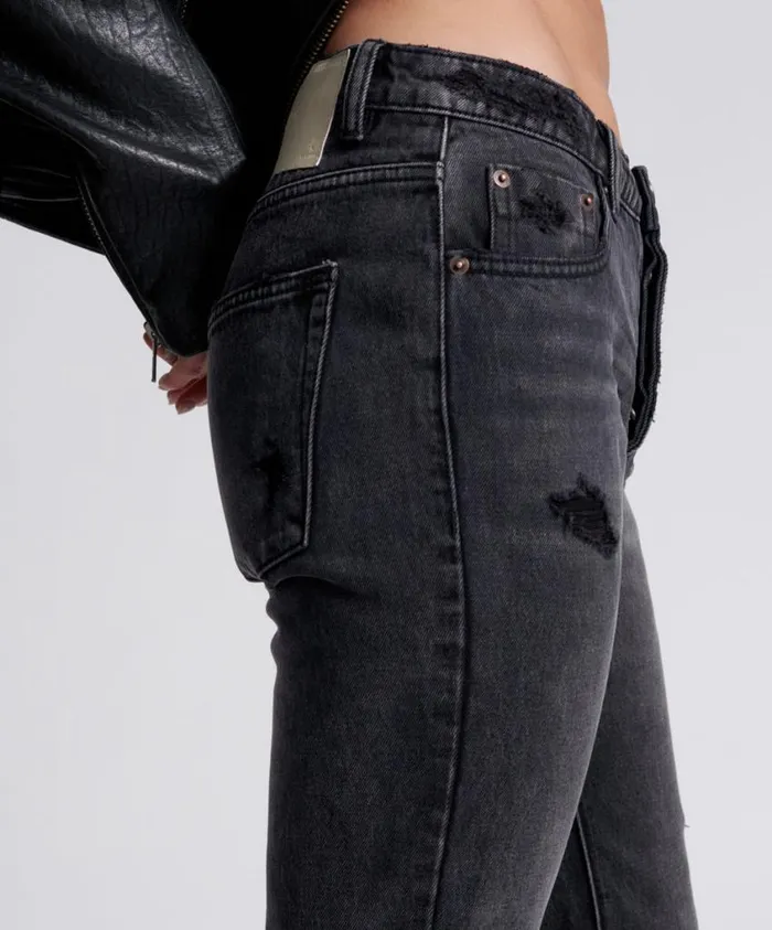 One Teaspoon Denim Jeans Women Black Messed Up Truckers Straight Leg Jeans