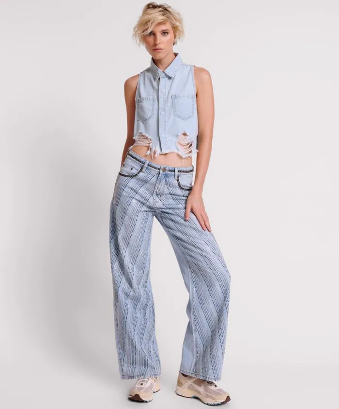 One Teaspoon Denim Jeans Women Blue Galaxy Jackson Mid Waist Wide Leg Jeans