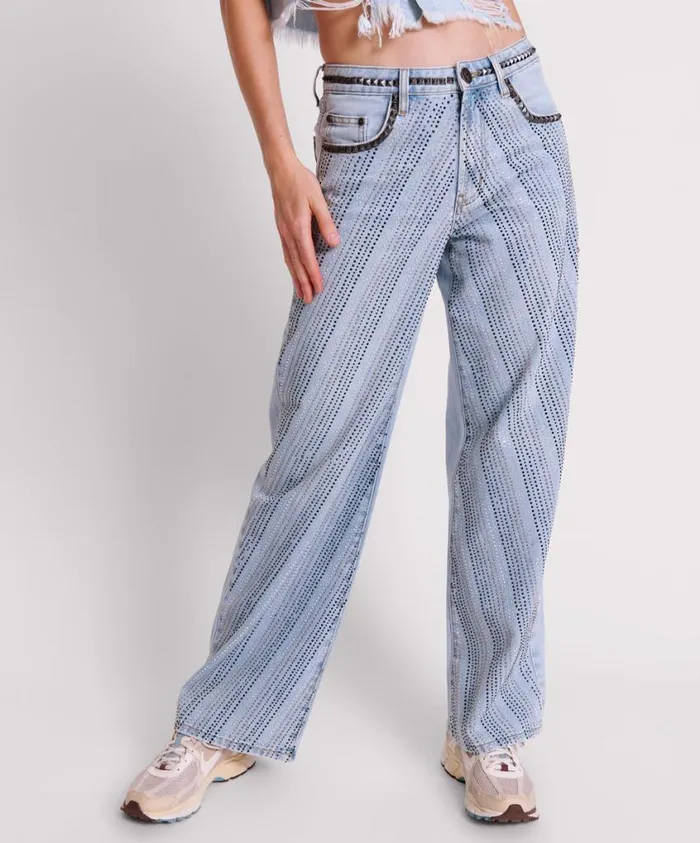One Teaspoon Denim Jeans Women Blue Galaxy Jackson Mid Waist Wide Leg Jeans