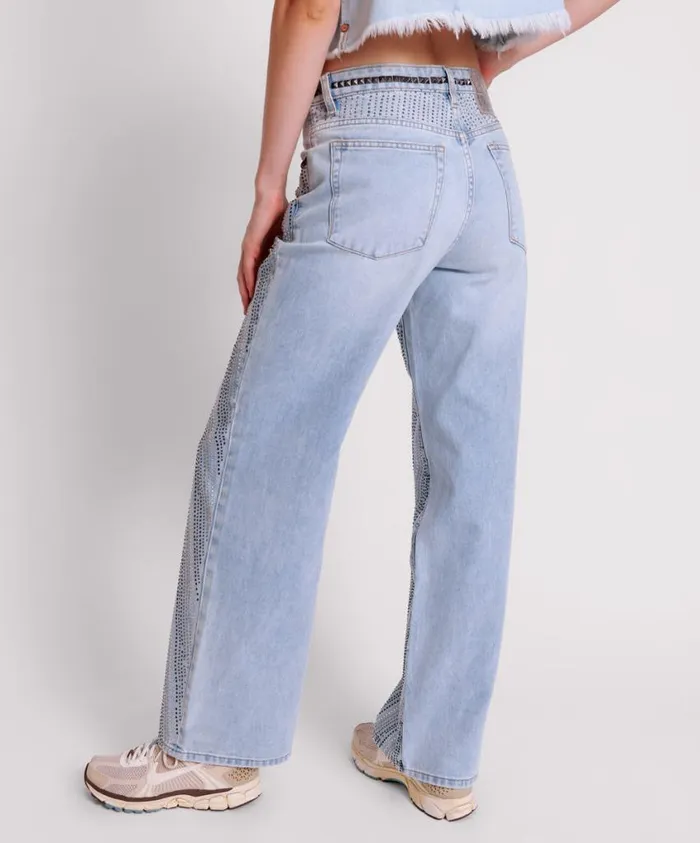 One Teaspoon Denim Jeans Women Blue Galaxy Jackson Mid Waist Wide Leg Jeans