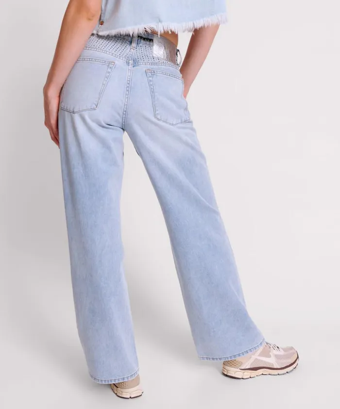 One Teaspoon Denim Jeans Women Blue Galaxy Jackson Mid Waist Wide Leg Jeans