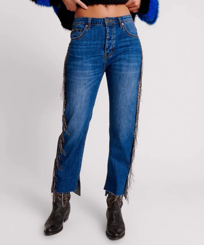 One Teaspoon Denim Jeans Women Bluemoon Jewelled Hooligans Mid Waist Relaxed Jeans
