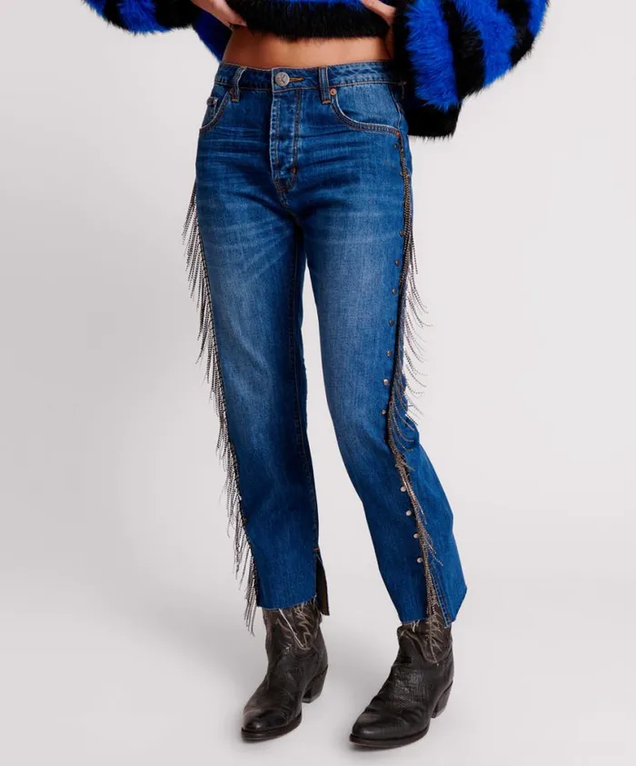 One Teaspoon Denim Jeans Women Bluemoon Jewelled Hooligans Mid Waist Relaxed Jeans