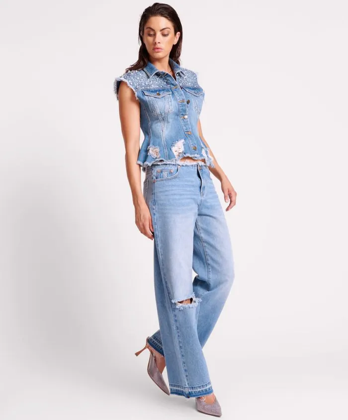 One Teaspoon Denim Jeans Women Bolt Blue Lowriders Low Waist Wide Leg Jean