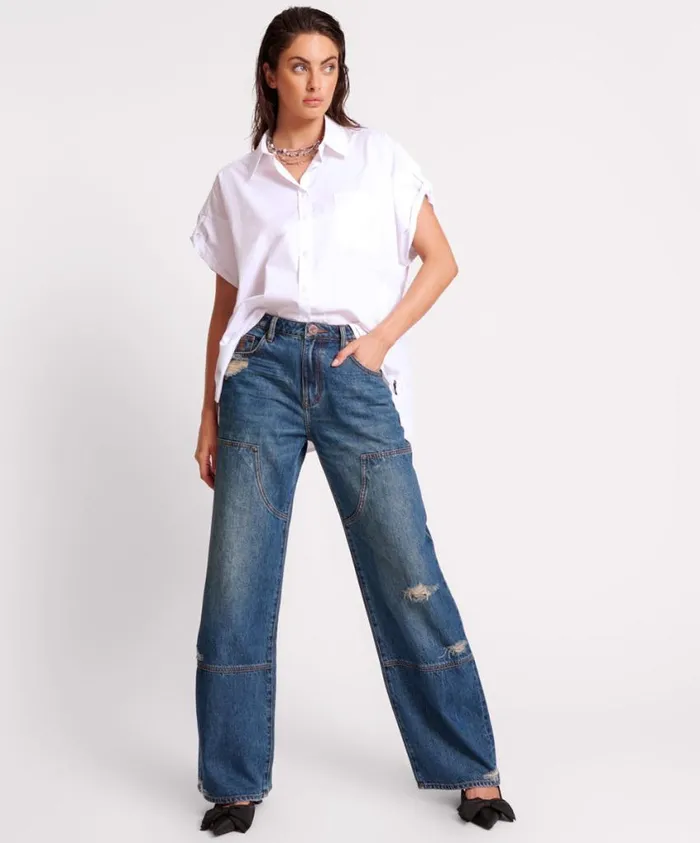 One Teaspoon Denim Jeans Women Gritty Blue Jackson Utility Mid Waist Wide Leg Jeans One Teaspoon Denim Jeans Women Gritty Blue Jackson Utility Mid Waist Wide Leg Jeans
