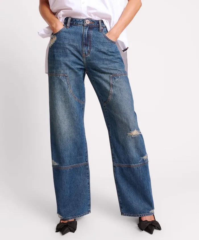 One Teaspoon Denim Jeans Women Gritty Blue Jackson Utility Mid Waist Wide Leg Jeans