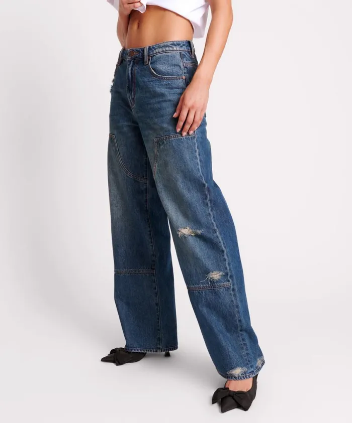 One Teaspoon Denim Jeans Women Gritty Blue Jackson Utility Mid Waist Wide Leg Jeans