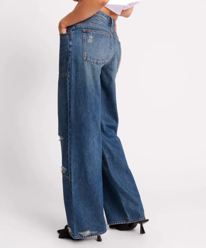 One Teaspoon Denim Jeans Women Gritty Blue Jackson Utility Mid Waist Wide Leg Jeans
