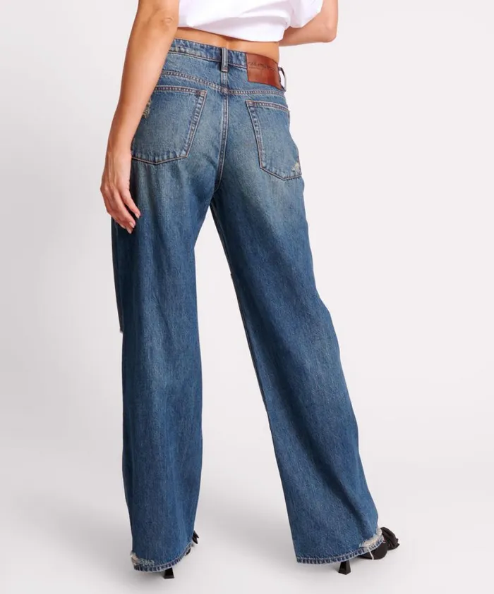 One Teaspoon Denim Jeans Women Gritty Blue Jackson Utility Mid Waist Wide Leg Jeans