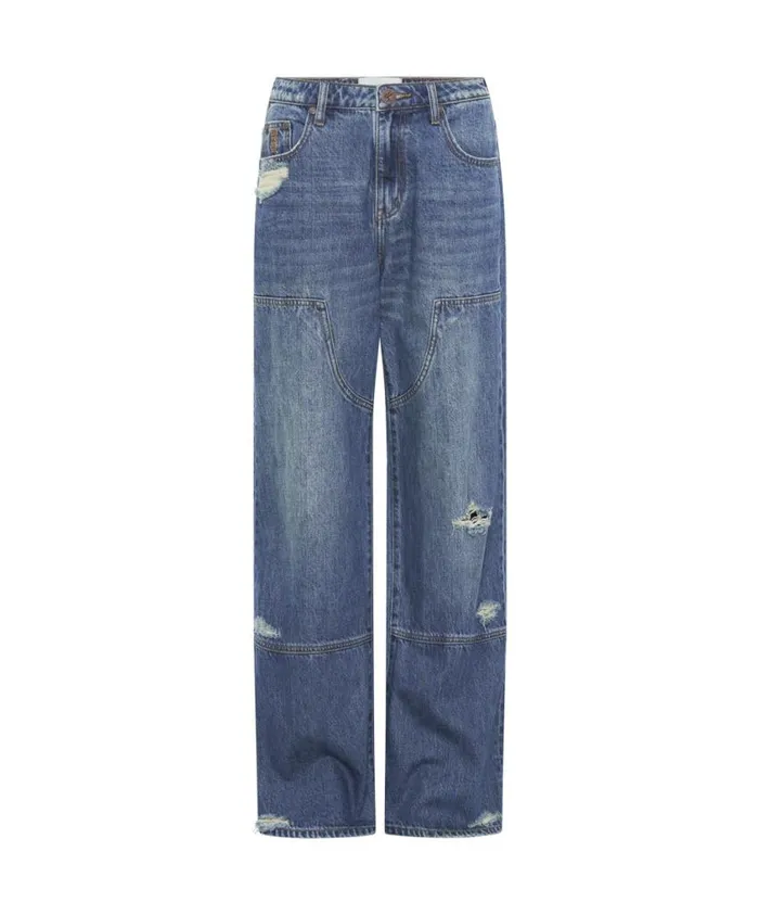 One Teaspoon Denim Jeans Women Gritty Blue Jackson Utility Mid Waist Wide Leg Jeans